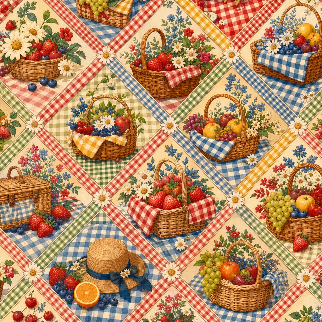 Retro picnic pattern with baskets of fruit on a gingham and checkered background