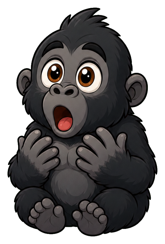 A black gorilla character with wide eyes and open mouth, looking awestruck.