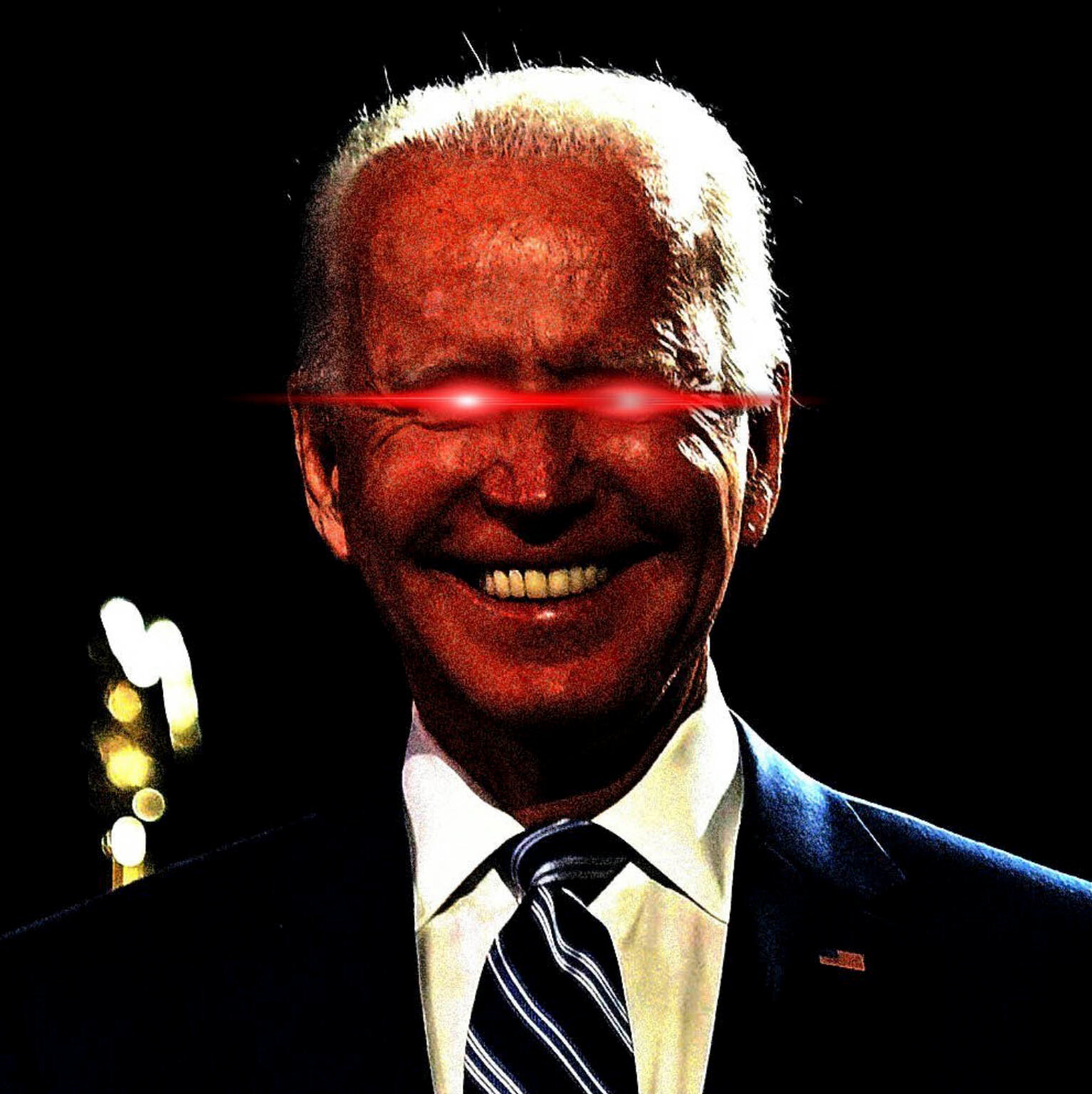 Portrait of Joe Biden with glowing red laser eyes on a dark background.