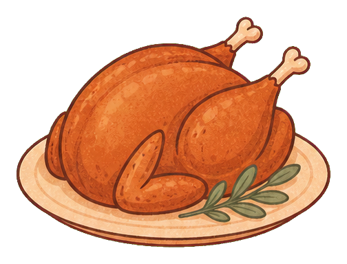 Warm brown roast turkey on a platter with simple folk art styling