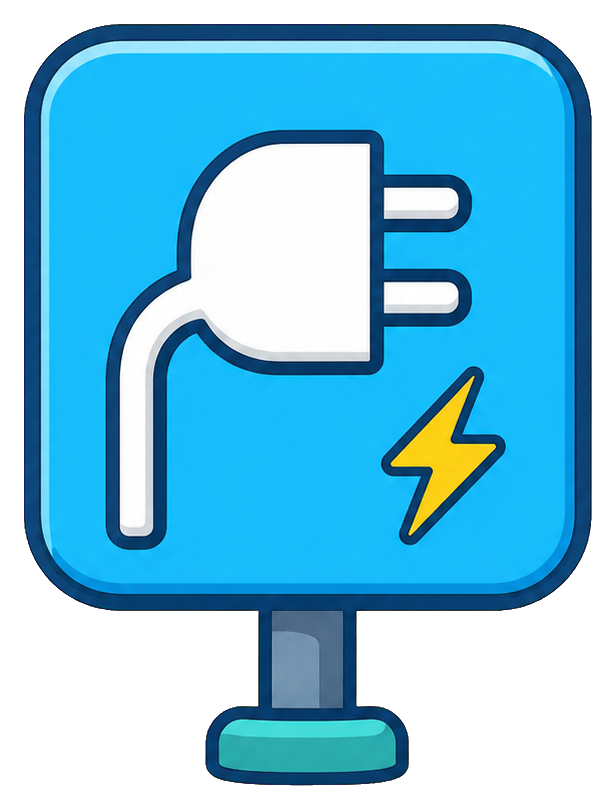 Blue square EV charging sign with a white plug and yellow lightning bolt
