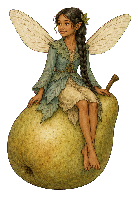 A fairy with long braided hair sits on a pear-shaped saddle with large wings.
