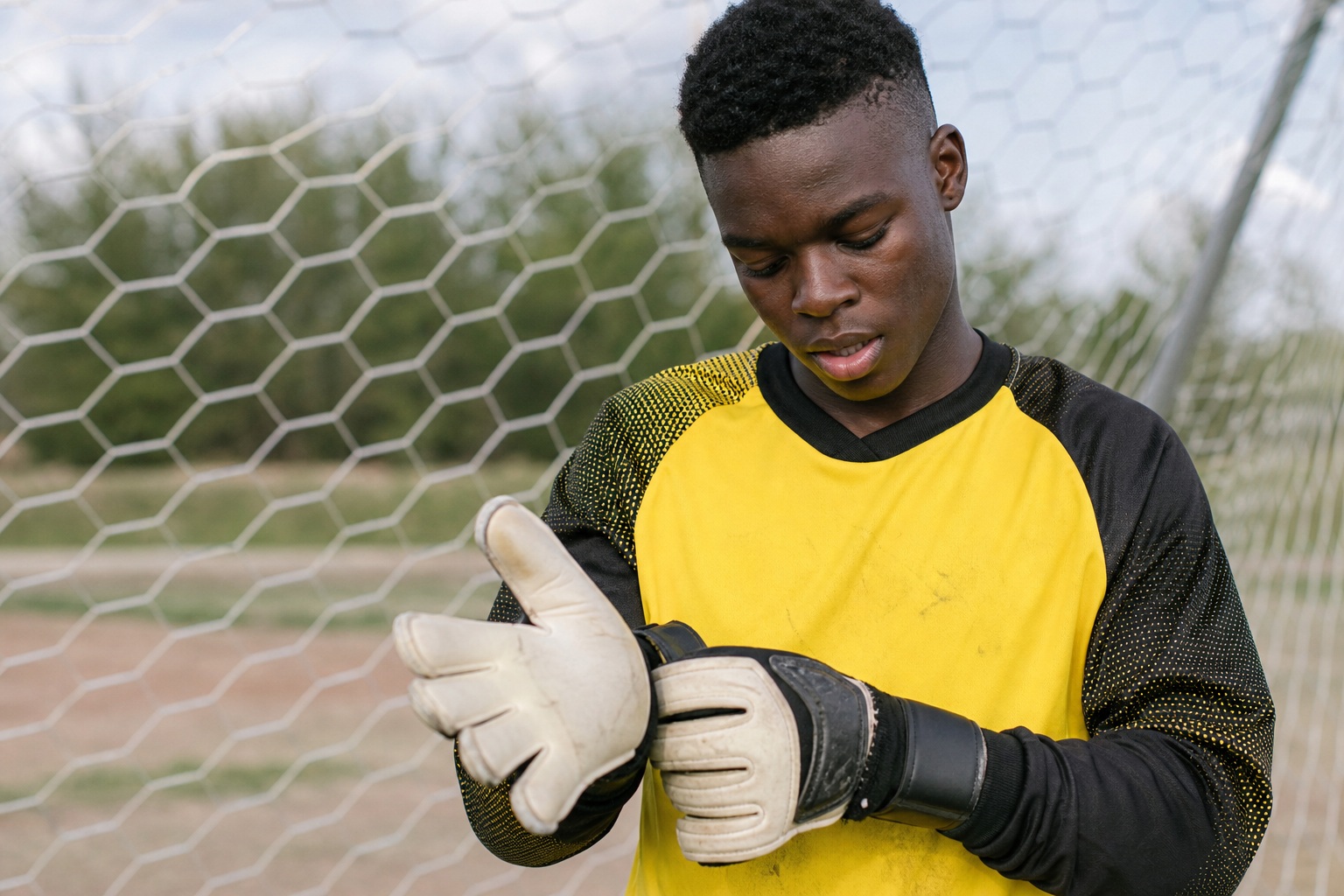 Young soccer goalkeeper in a yellow jersey adjusting gloves beside the goal net.