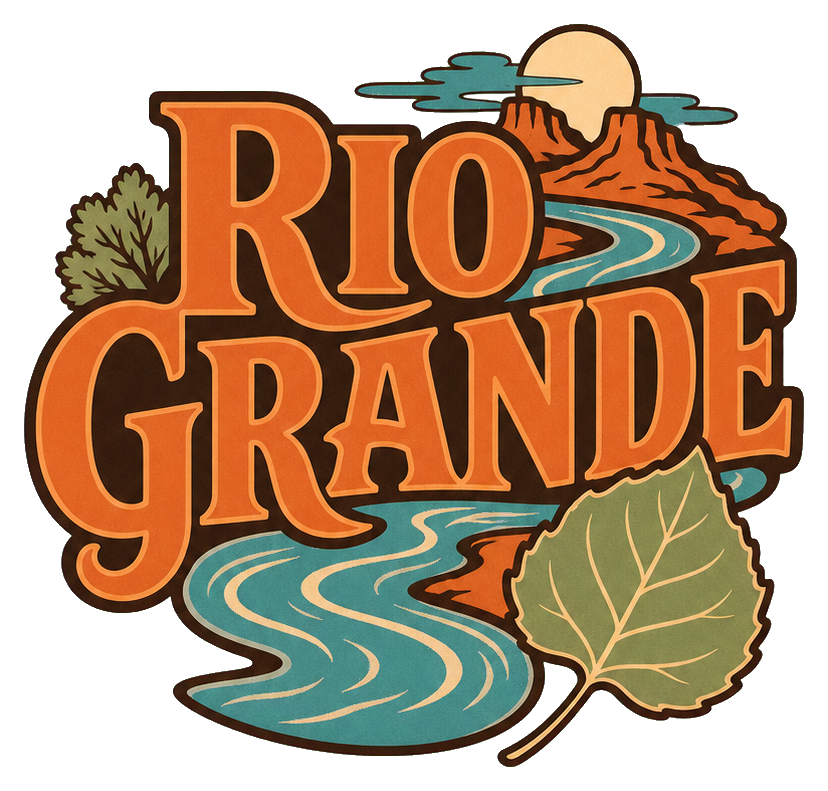Illustrated Rio Grande word art with flowing river and cottonwood leaves