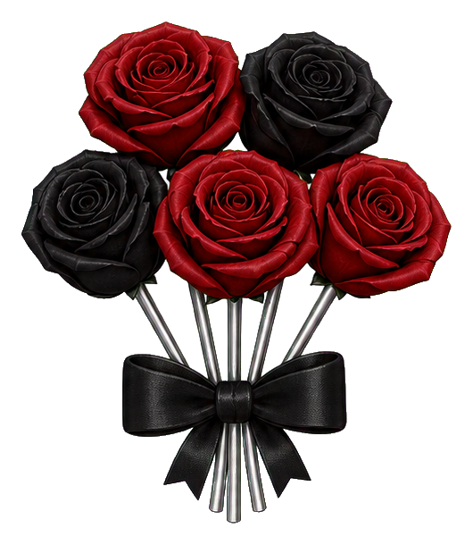 Bouquet of red and black roses tied with a black ribbon