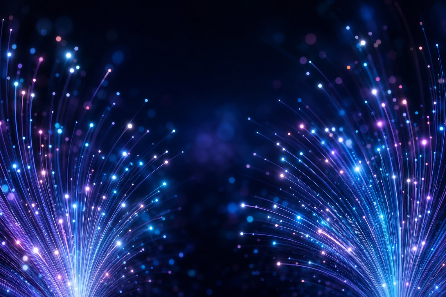 Glowing cyan and violet light strands rising against a dark background.
