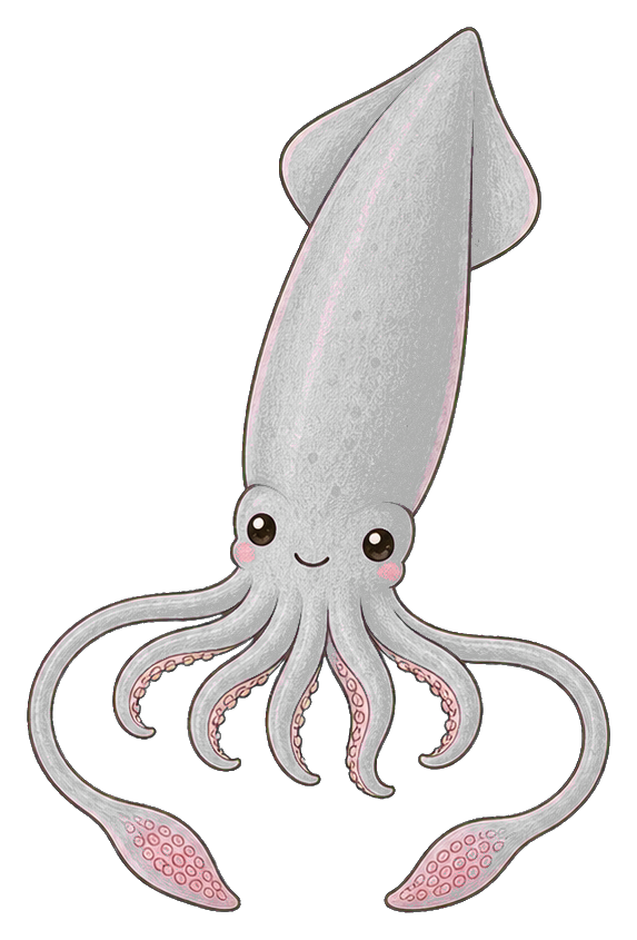 Cute gray giant squid with pink blush and curling tentacles.