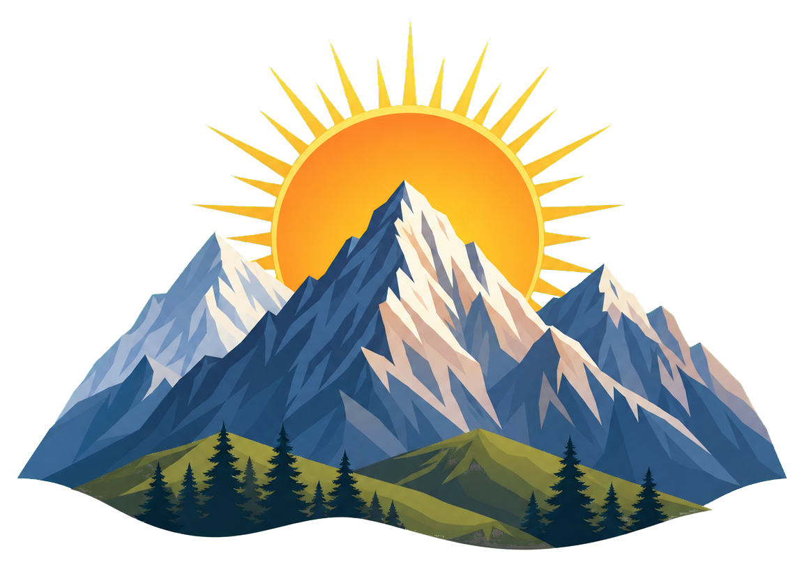 Stylized mountain range with a bright sunrise and pine trees at the base