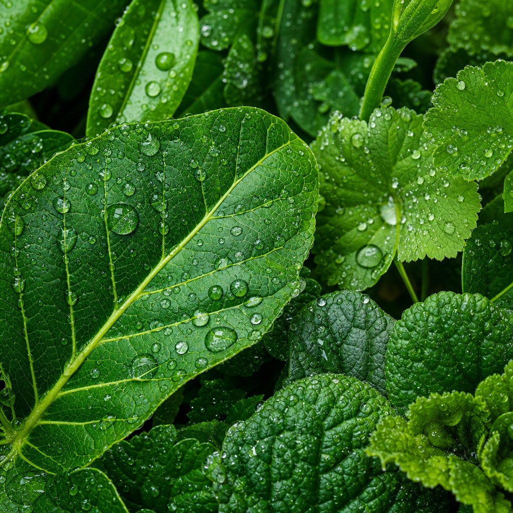 Close-up of fresh green leaves covered in rain droplets.