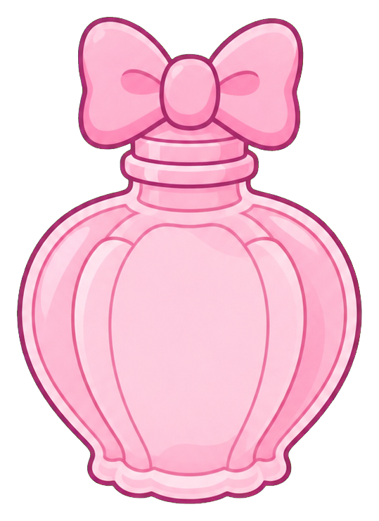 Pink perfume bottle with a bow on top and a soft pastel outline