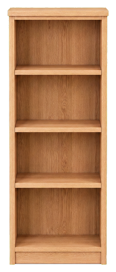 Tall wooden bookshelf with five open shelves and a natural finish
