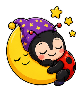 Cute ladybug sleeping on a crescent moon with small stars around it.