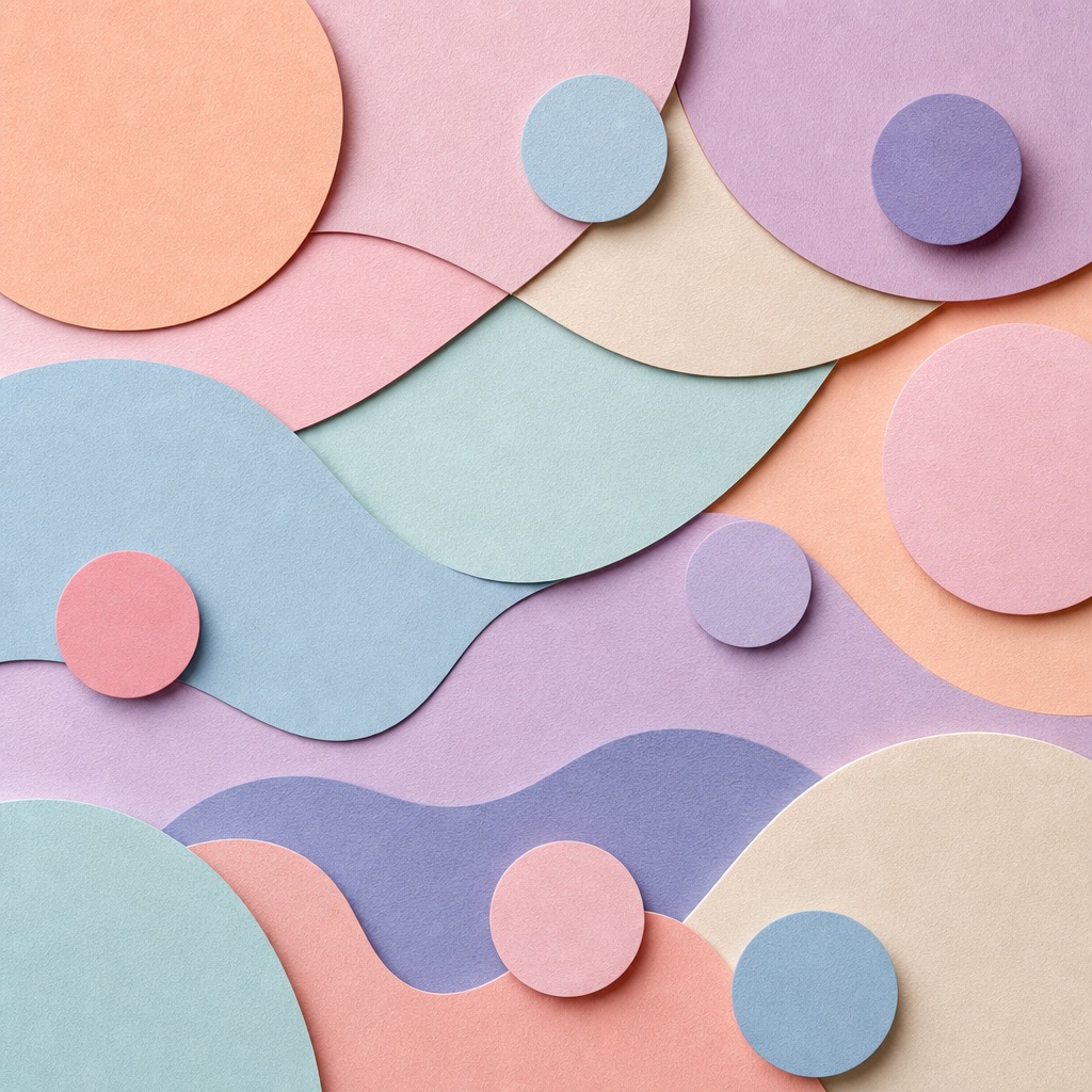 Pastel paper cut geometric waves with overlapping circles and soft layered shapes