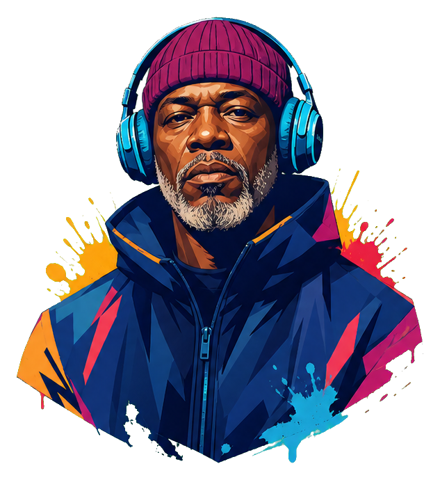 Colorful illustrated portrait of a gray-bearded veteran DJ wearing headphones and a beanie