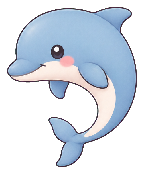 Pastel blue dolphin sticker with a cute kawaii face and pink cheeks