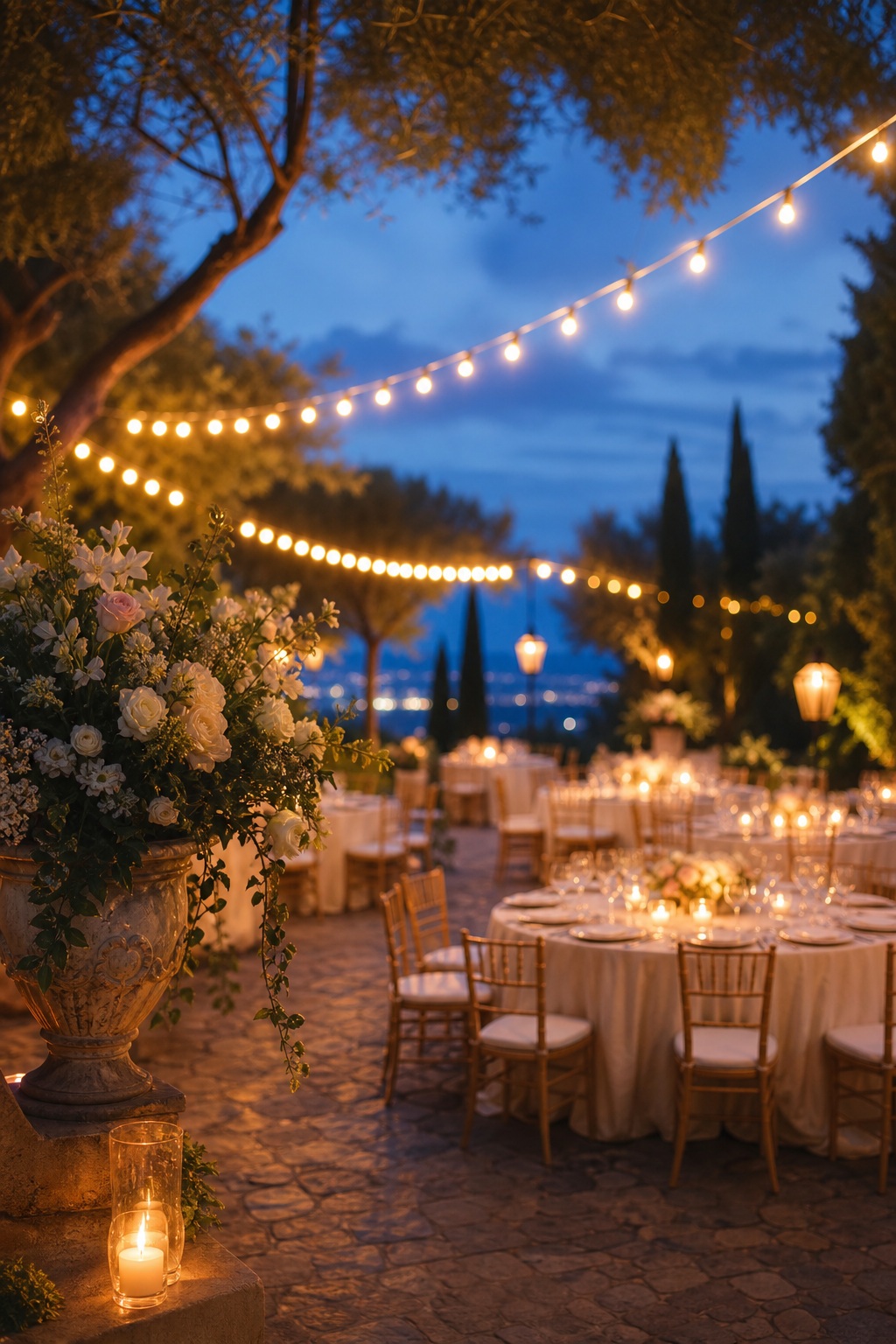 Outdoor wedding reception with string lights, floral arrangements, and candlelit tables at twilight.