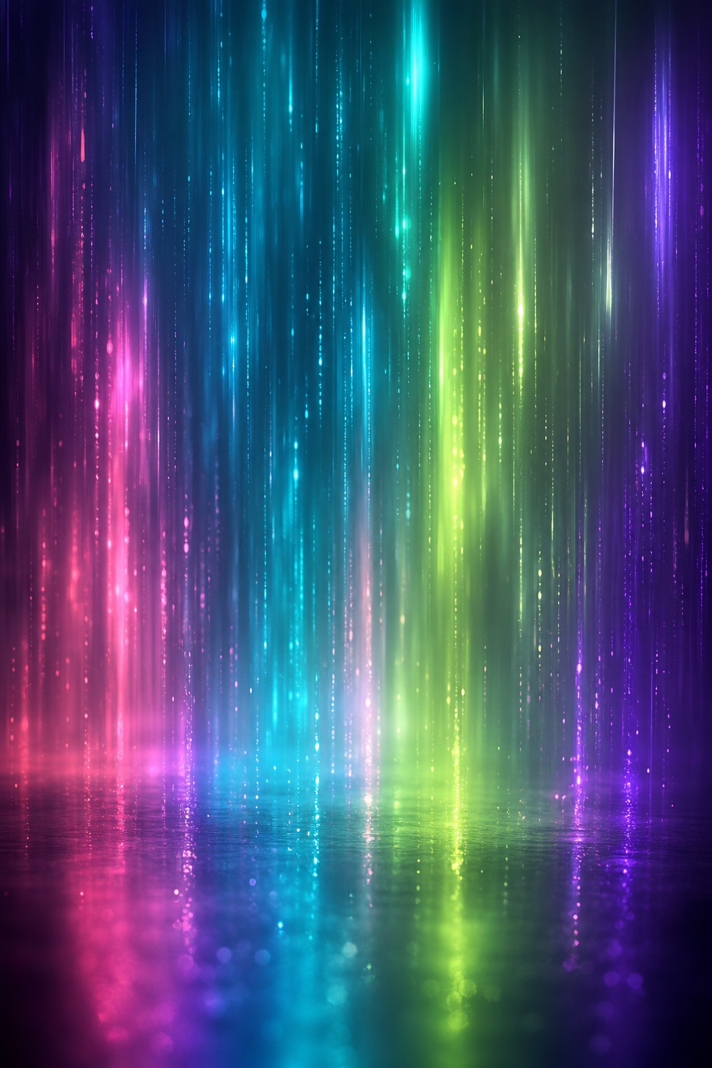 Vertical neon light trails in cyan, magenta, green, and purple on a dark background.