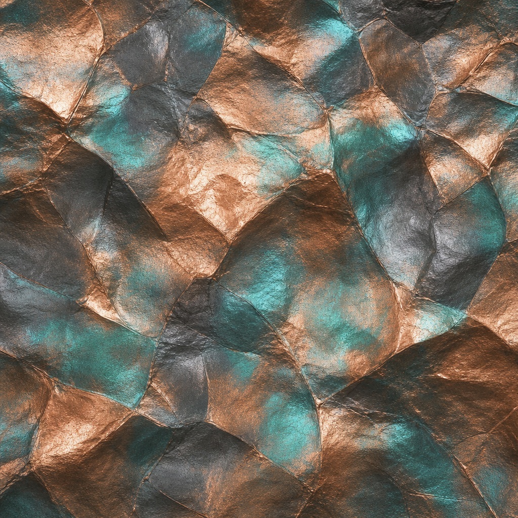 Copper and teal crinkled metallic foil with polygonal reflective folds