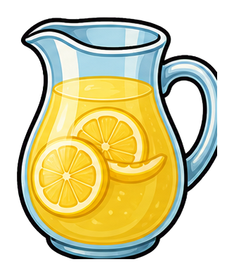 A glass pitcher filled with lemonade and lemon slices.