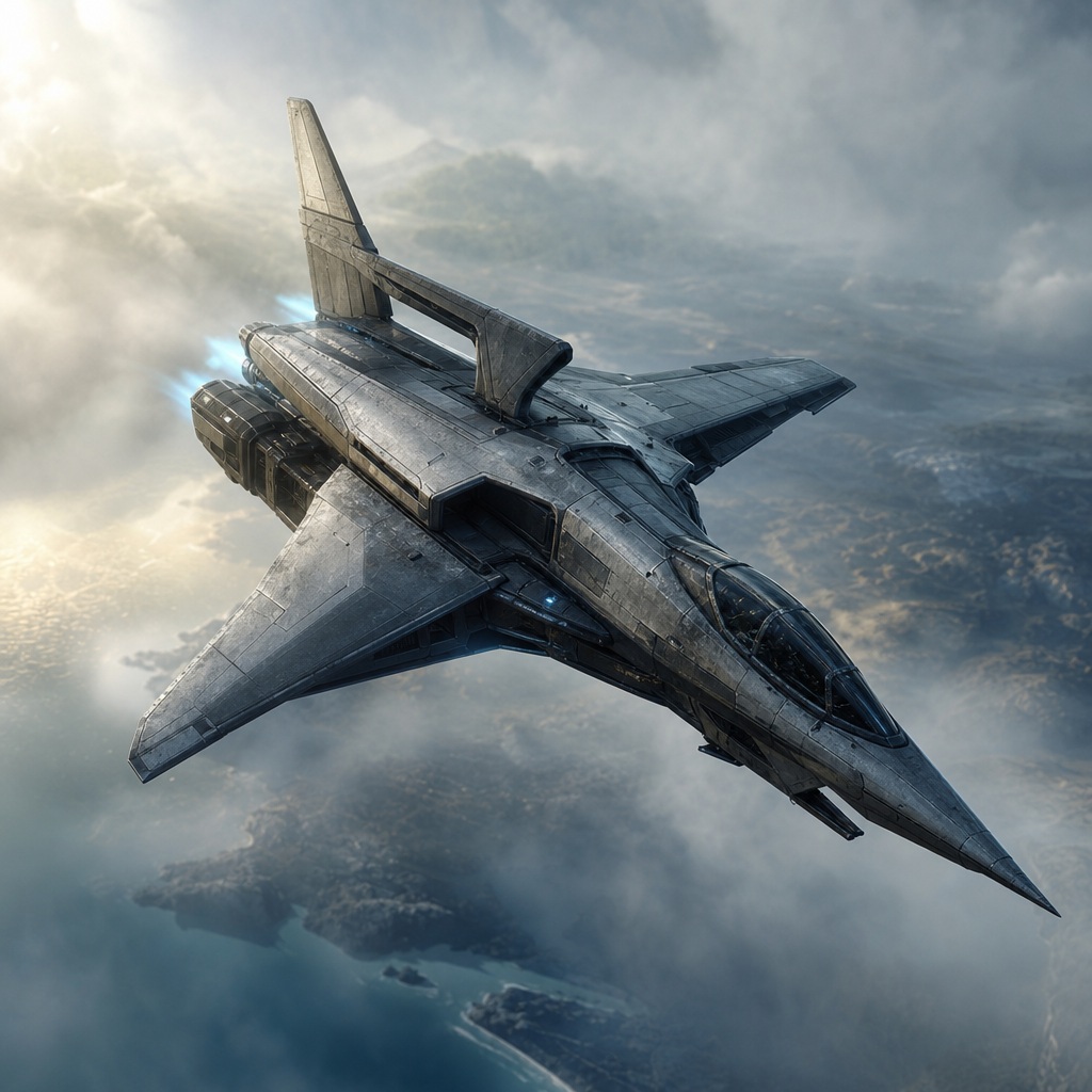 A futuristic interceptor spacecraft flying above cloudy terrain in a cinematic sky.