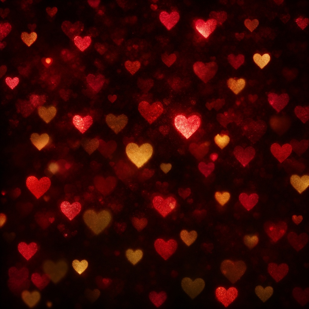 Glowing ruby and pink heart lights scattered across a dark background