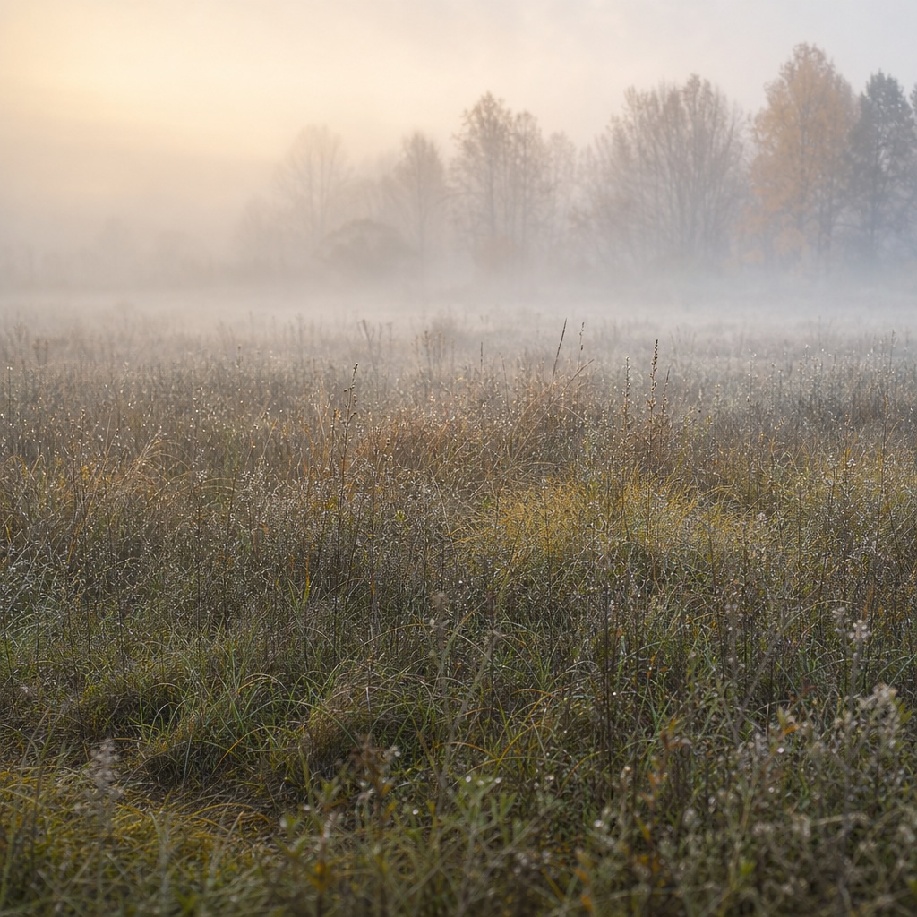 Fog settles over a grassy meadow with distant trees fading into haze.