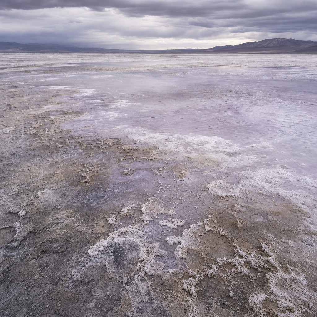 Storm gray salt flat landscape with shallow reflective saline sheen and distant mountains.