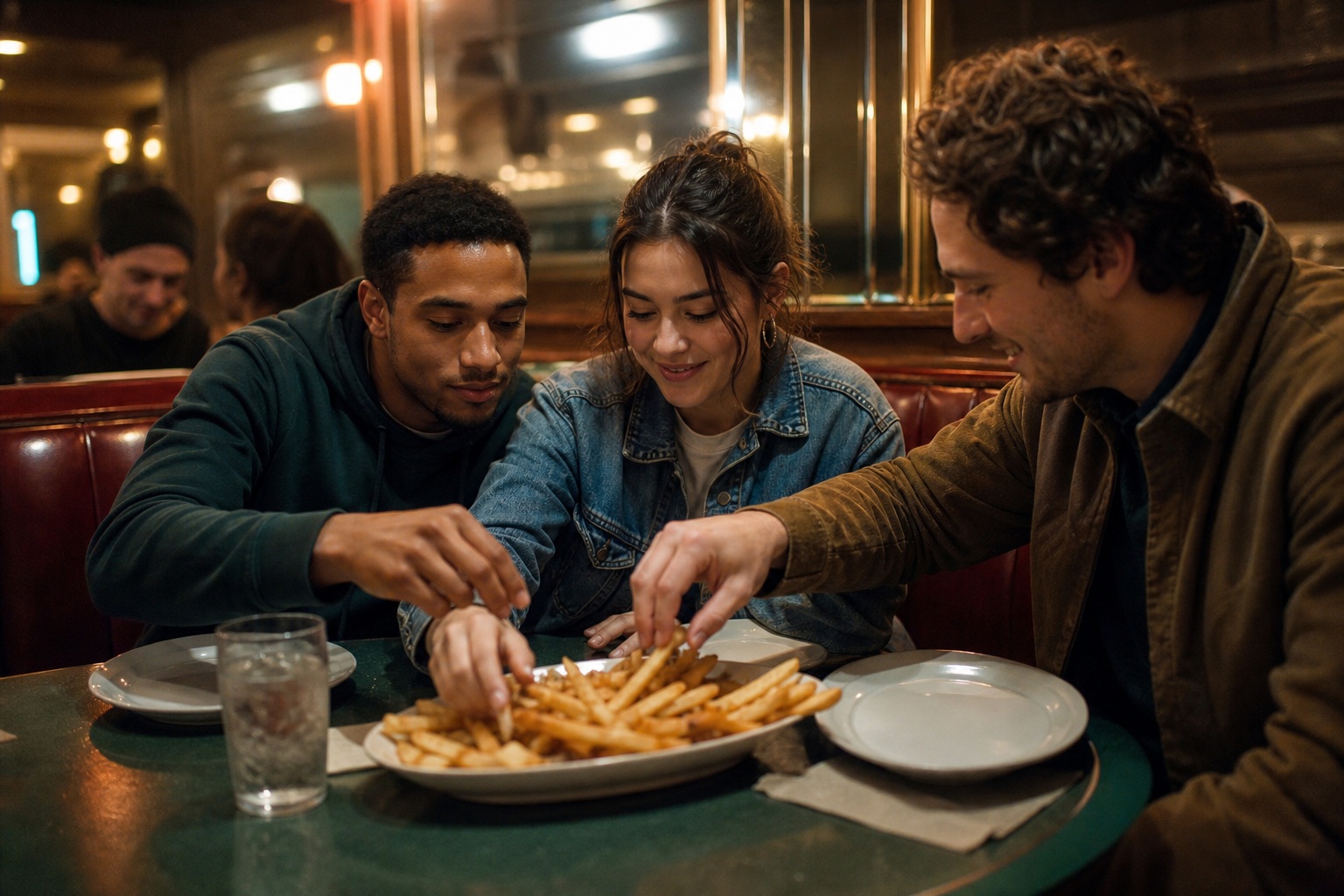 Three people sharing fries at a booth in a warmly lit late-night diner.