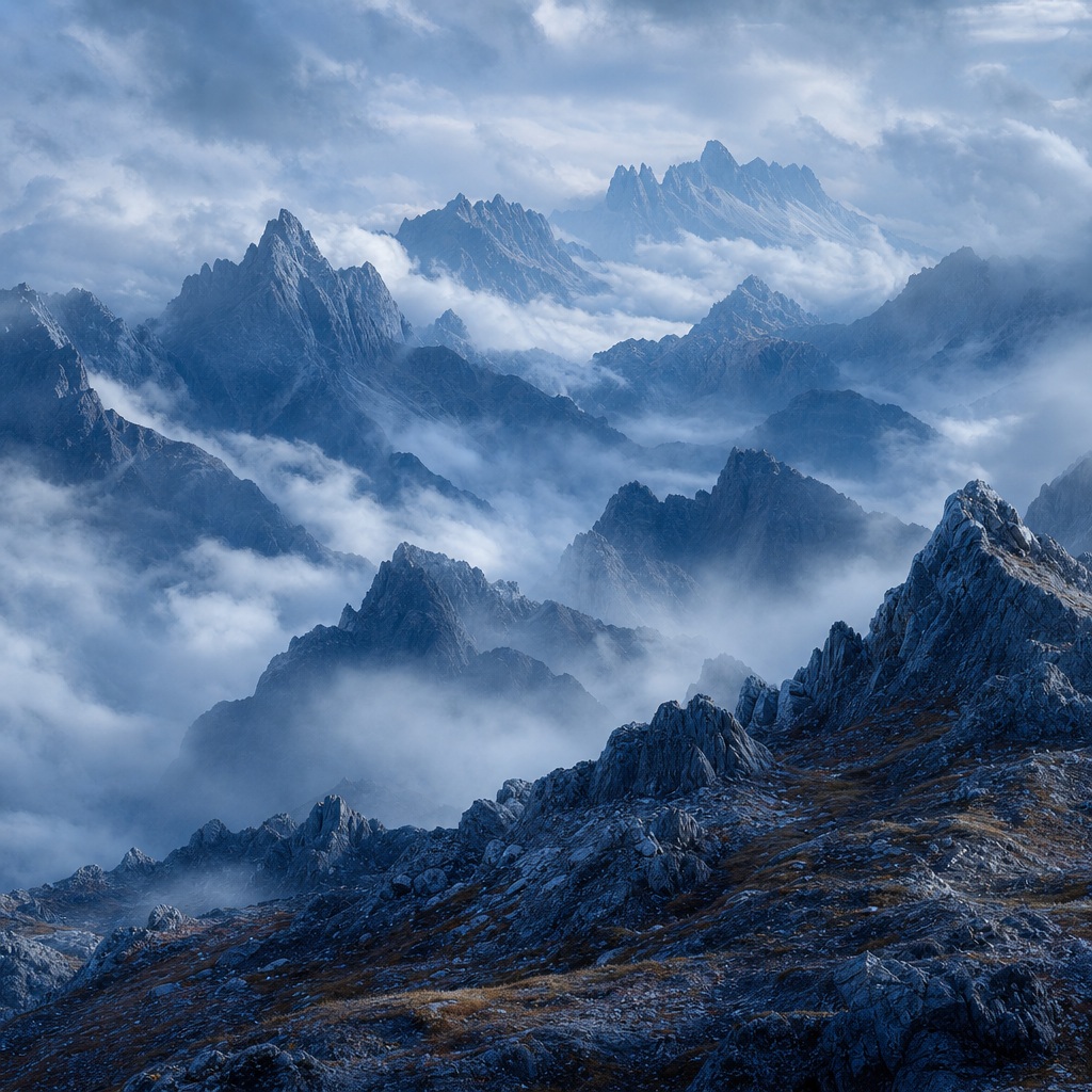 Blue mountain peaks rising through layered mist and clouds.