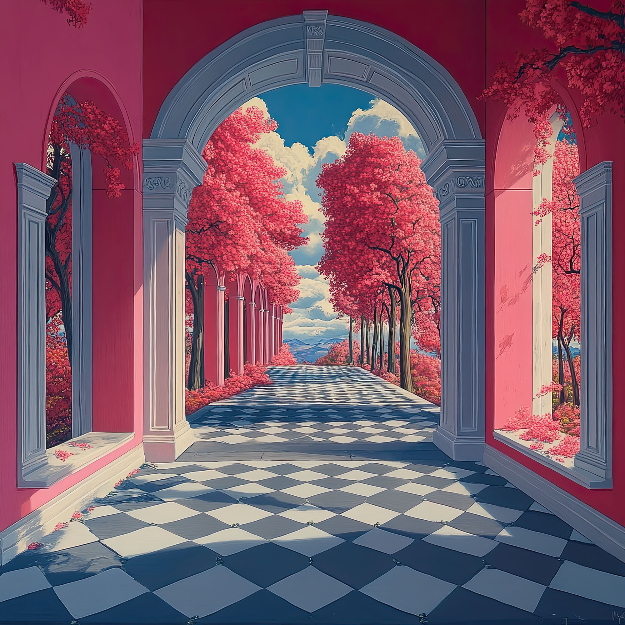 Preview for Surreal-pink-archway-landscape-whimsical-backdrop-background-df6fc