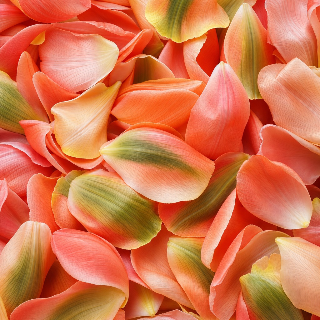 Close-up of layered orange and coral flower petals with soft green accents.