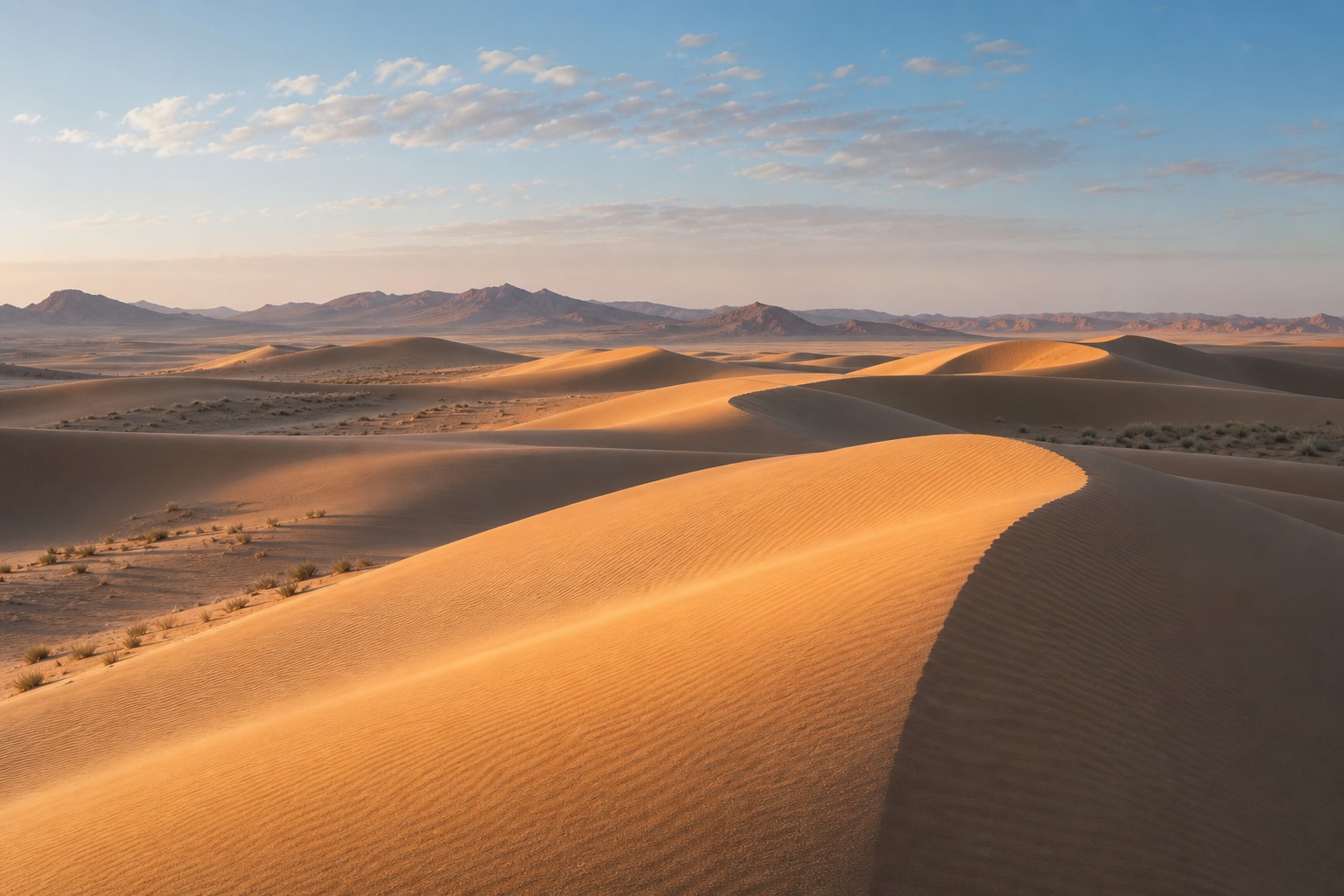 Golden wind-shaped desert dunes under a clear dawn sky.