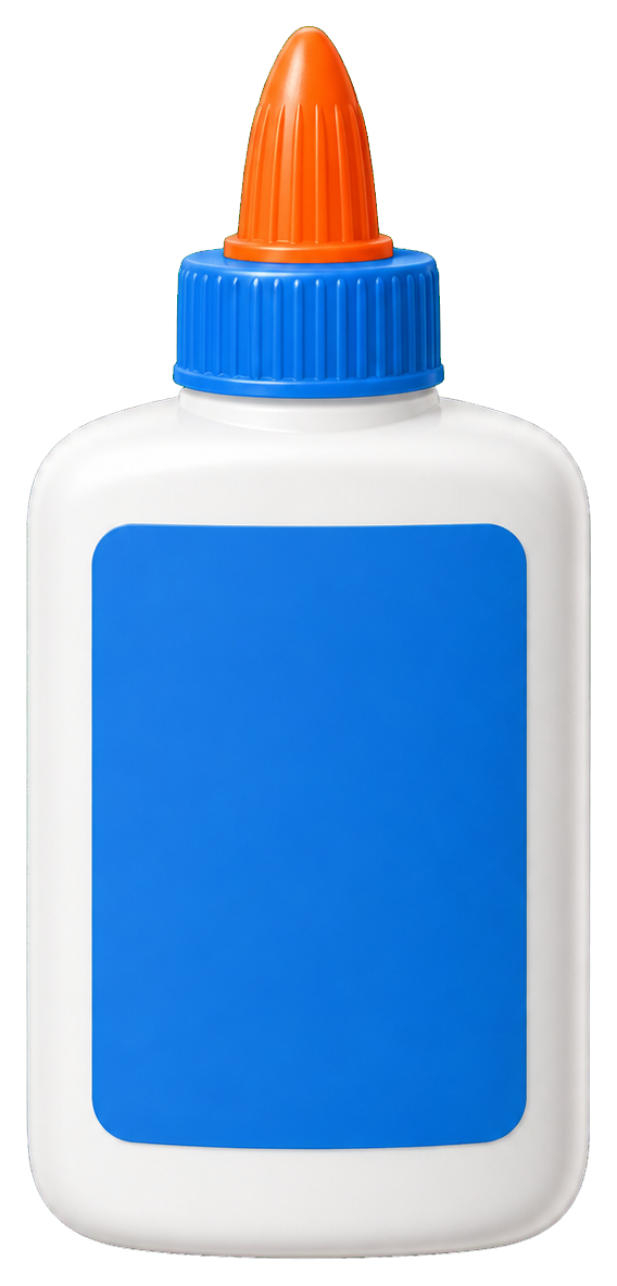 A white glue bottle with an orange cap and a blank blue label.