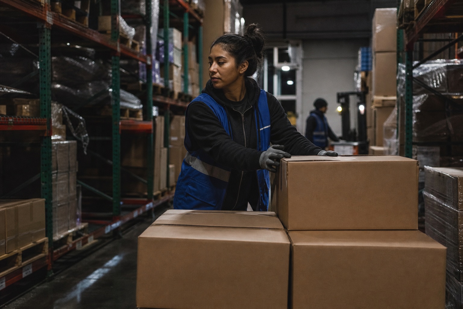 Person standing in a warehouse aisle with stacked boxes and shelves at night