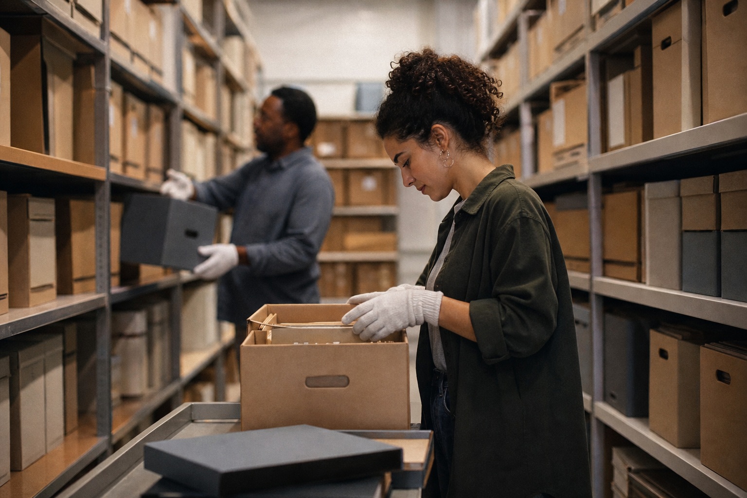 Two people working among tall library shelves and archive boxes in a quiet room