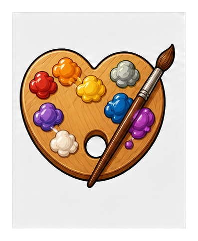 Wooden paint palette shaped like a heart with colorful paint blobs and a paintbrush.