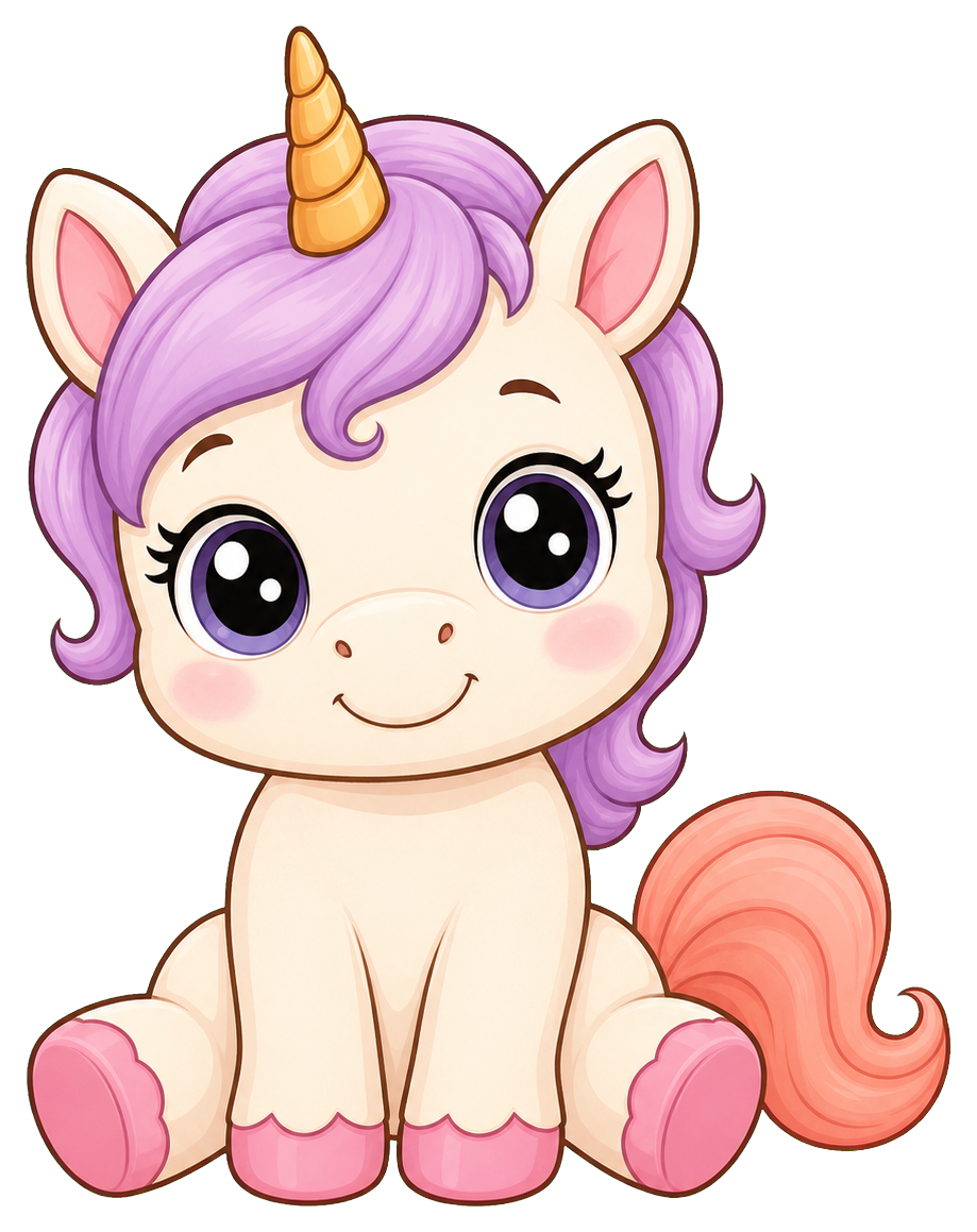 Cute baby unicorn with purple mane, pink hooves, and a curled tail sitting forward.