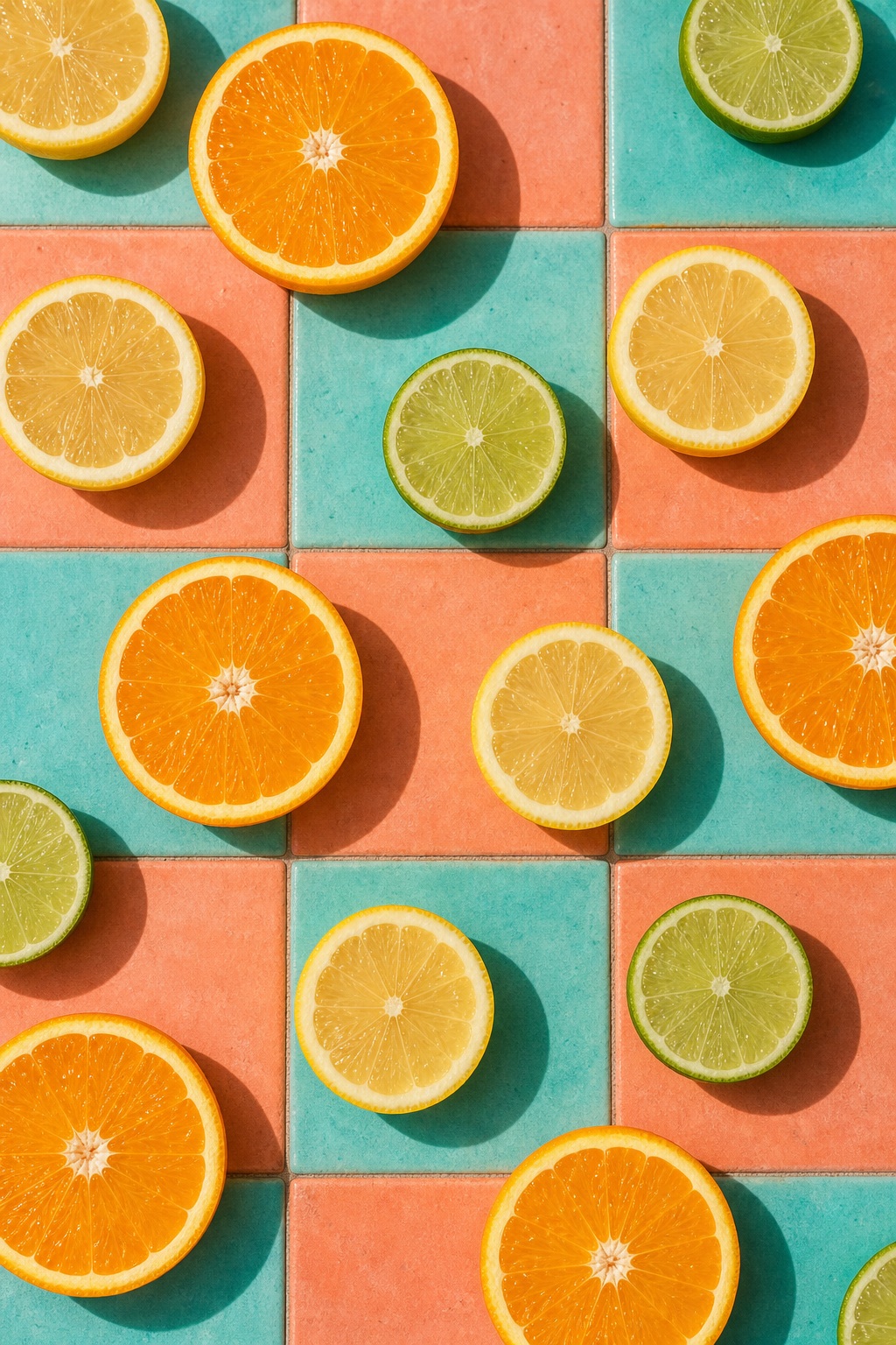 Vertical tile pattern of orange and lime slices on colorful pastel squares.