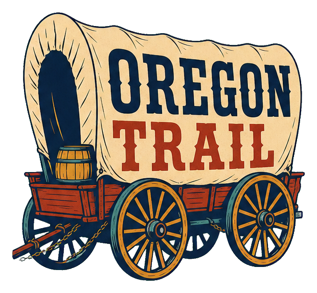 Illustrated Oregon Trail wagon with large wheels and retro word art text