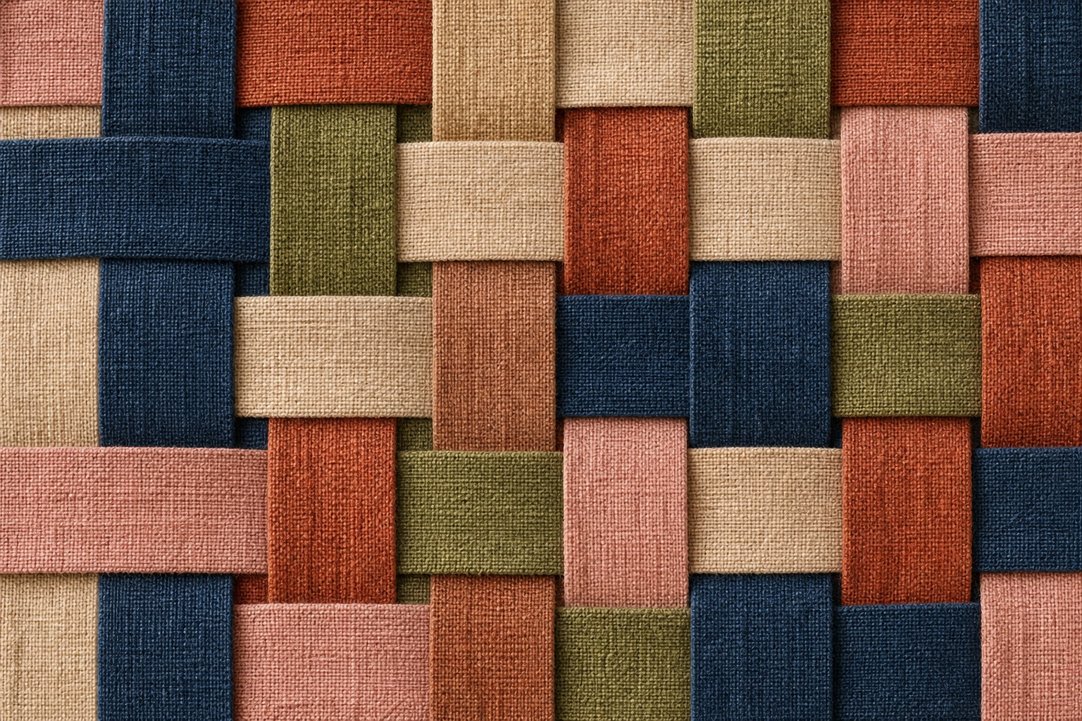 Woven geometric blocks in warm and cool tones with a textile texture.