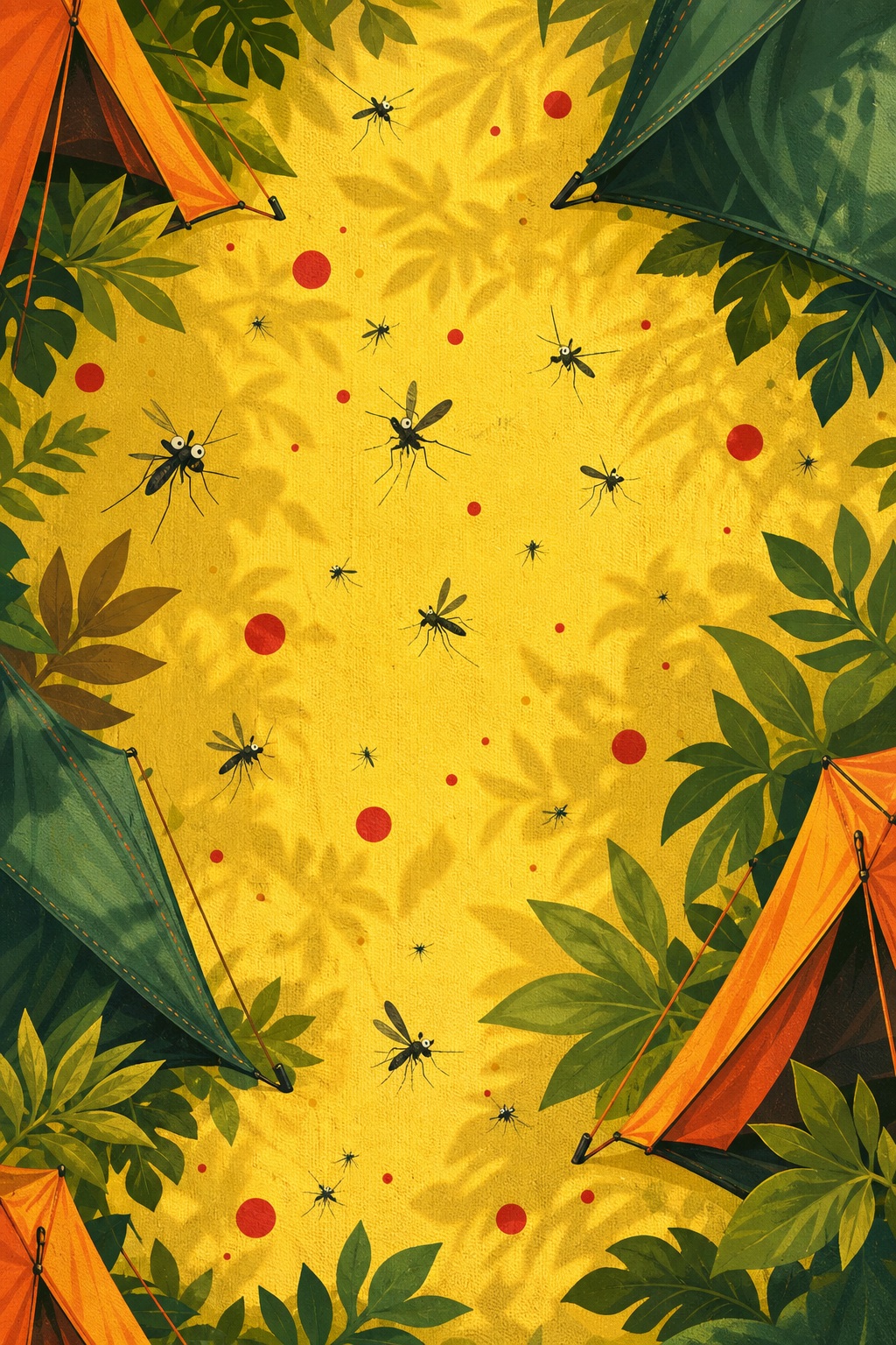 Yellow camping background with mosquitoes, leaves, berries, and tent corners in the frame.