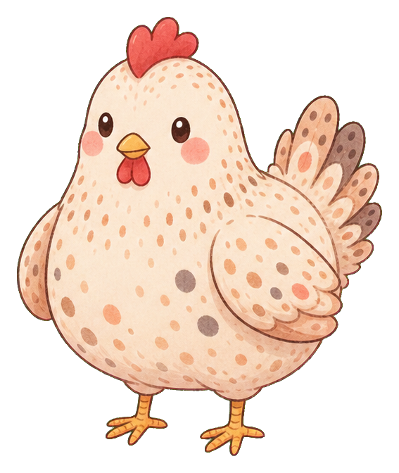 Cute pastel speckled chicken with heart-shaped comb and spotted feathers.