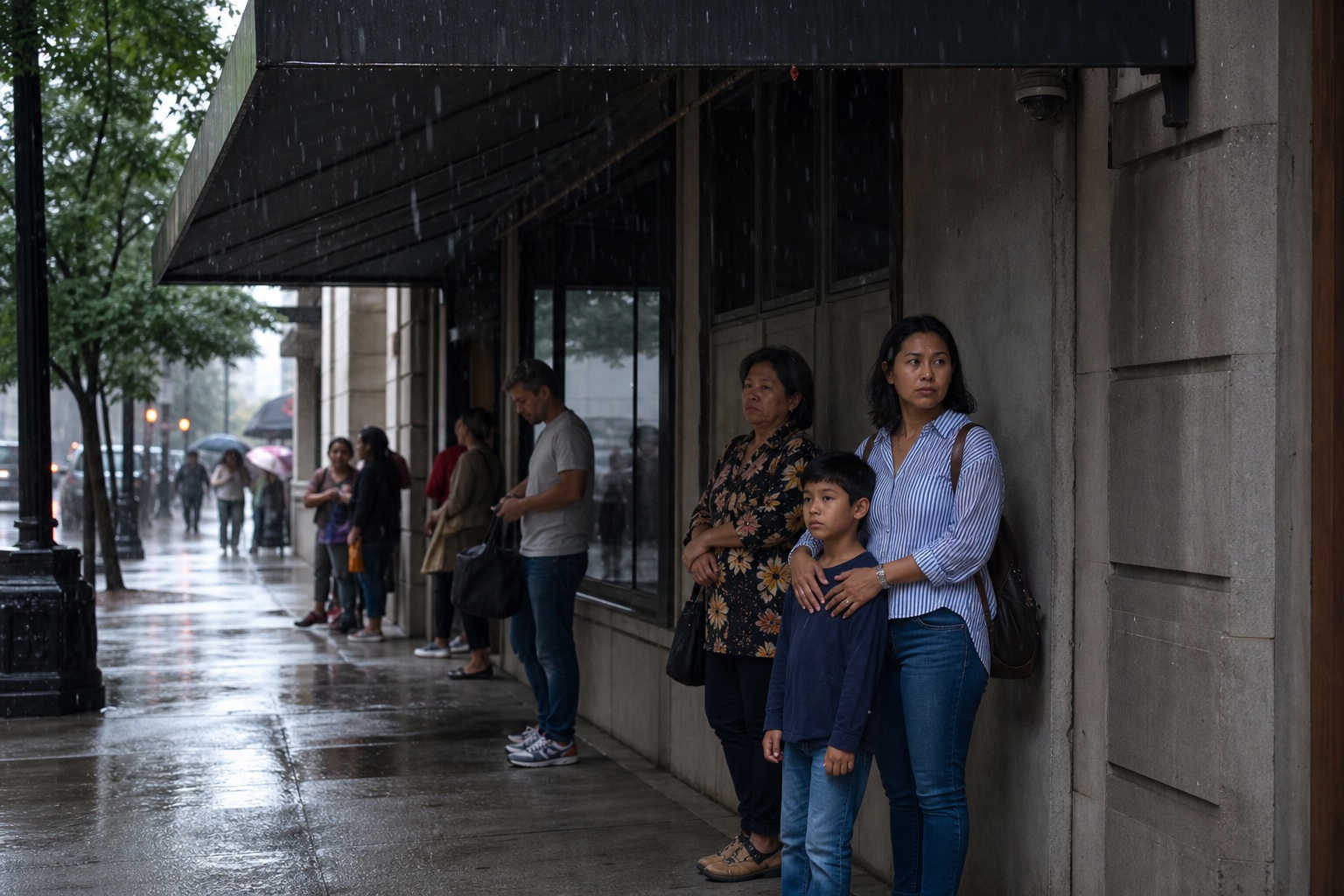 People standing under an awning beside a wet rainy sidewalk in the city.