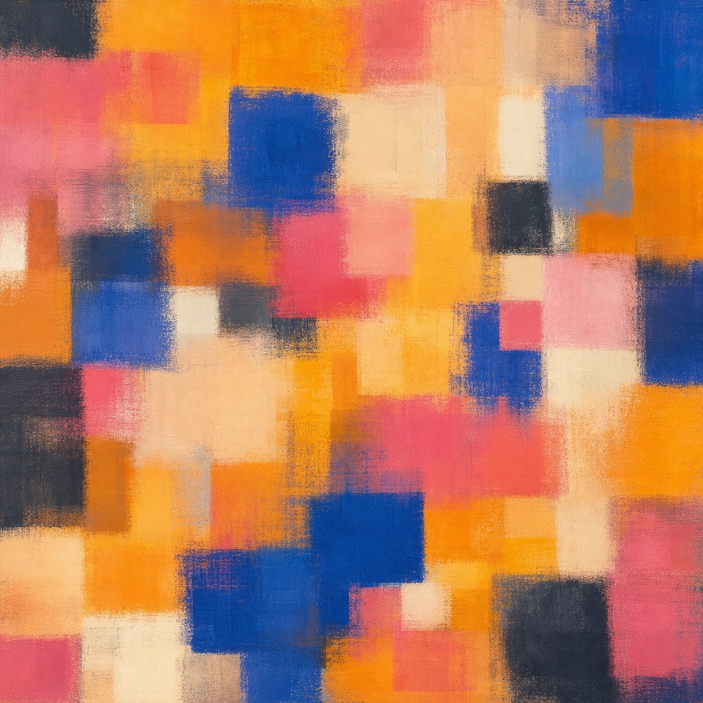 Abstract background with saffron, blue, pink, and cream square color blocks.