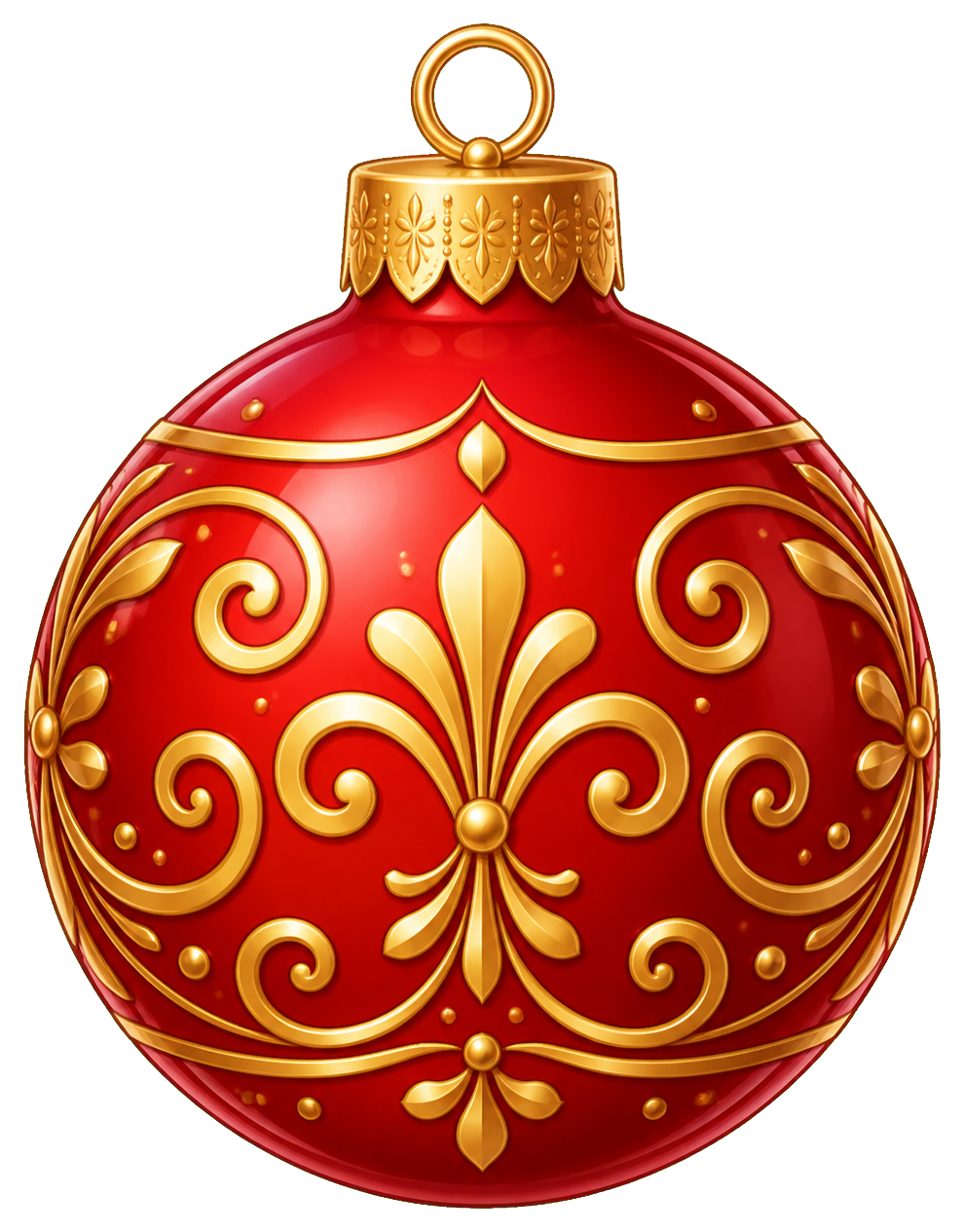 Red Christmas ornament with gold swirls and decorative detailing