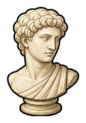 Illustration of a classical marble bust with curly hair and draped shoulders