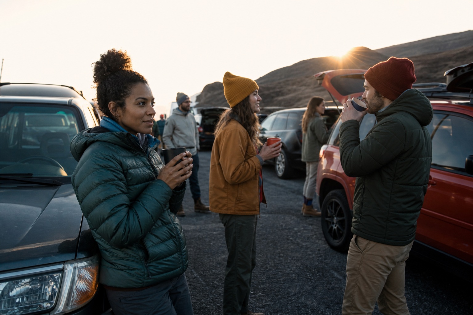 Candid people standing beside parked cars in a roadside lot at sunrise