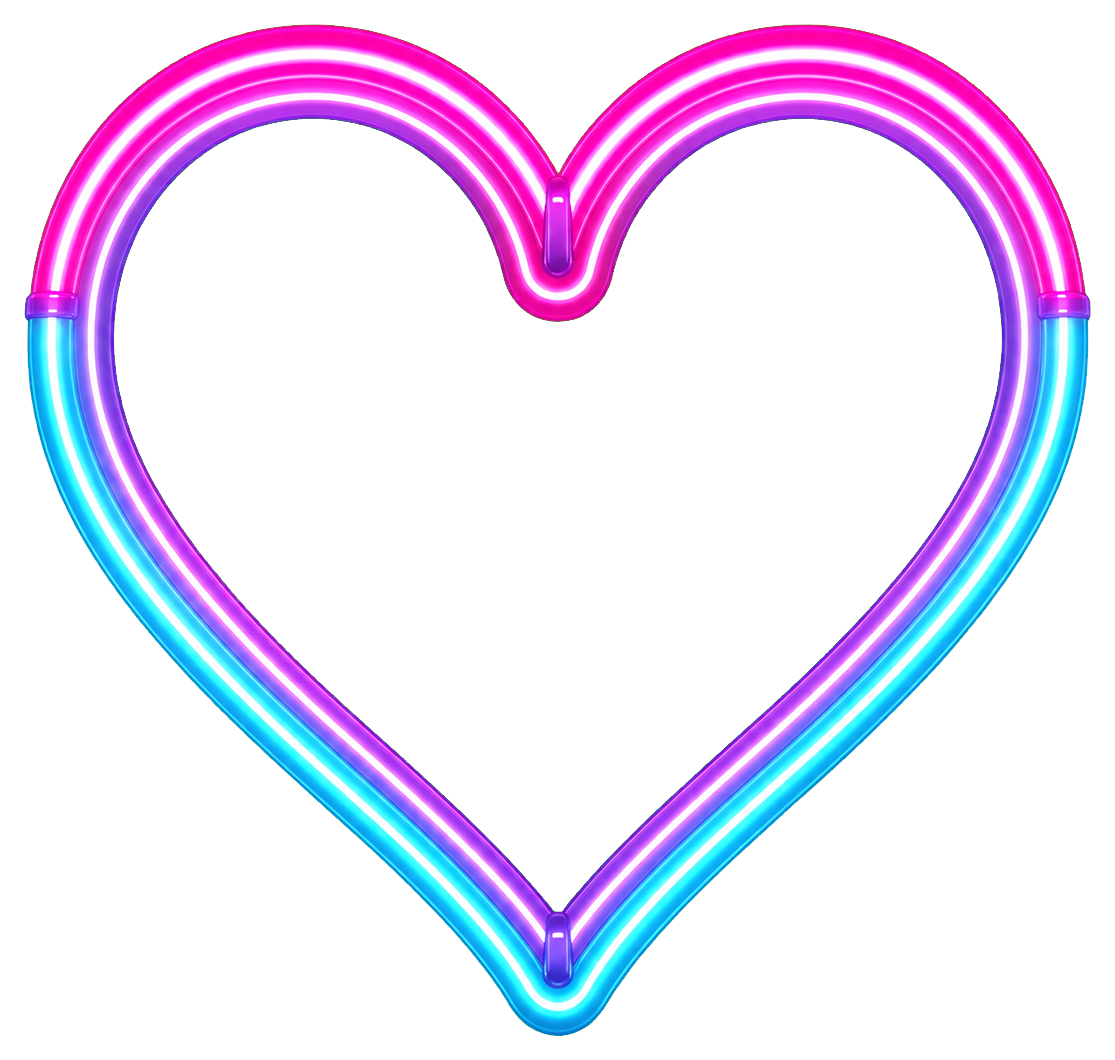Glowing neon heart outline in pink, purple, and blue on a dark background