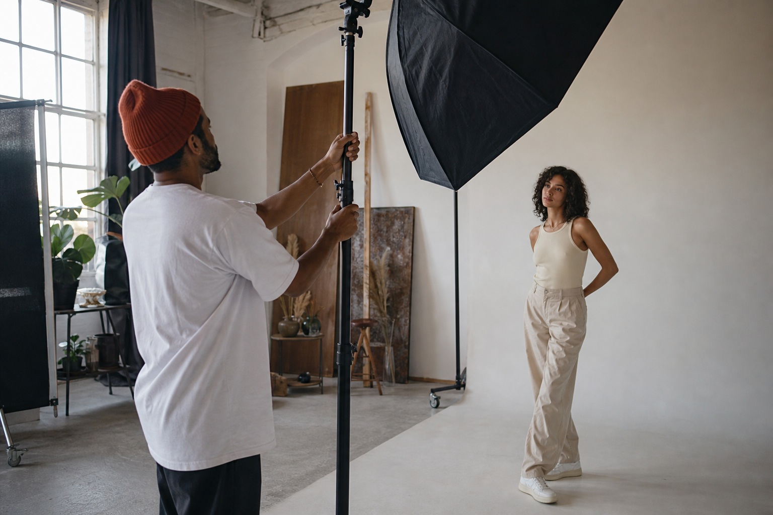 Photographer filming a model in a minimal studio with lights and a backdrop