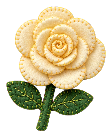 Cream felt rose with two green leaves on a dark stem